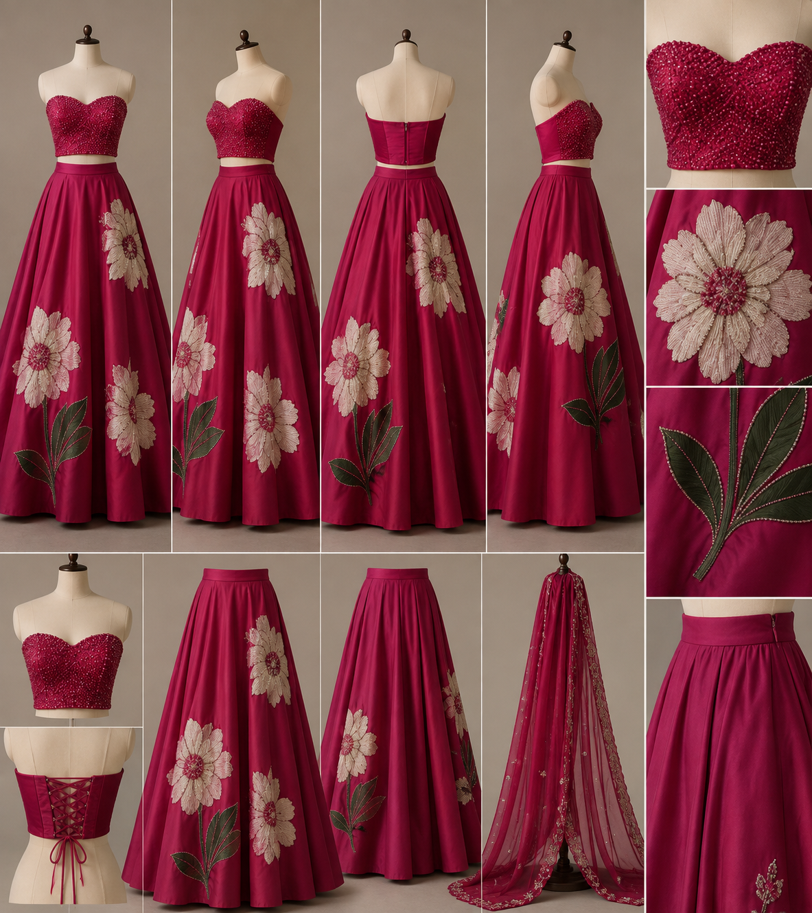 Wine Red Embroidered Layered Ball Gown
