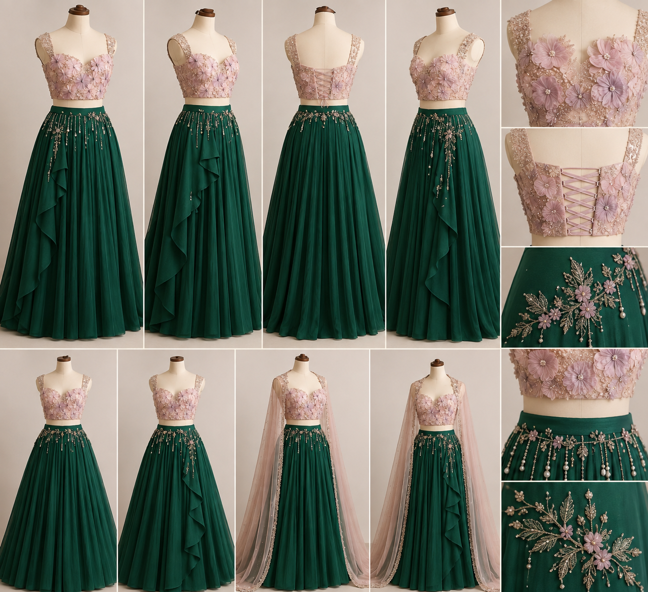 Emerald Green Floral Embroidered Lehenga Set